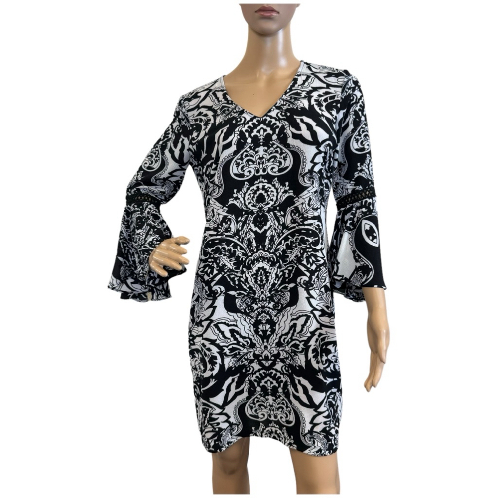 INC International Concepts size small black and white dress long flare sleeve